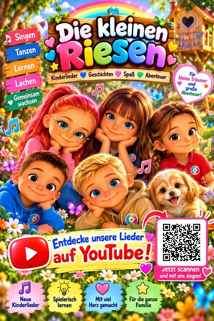Flyer der kleinen Riesen mit fünf Kindern, einem Hund und dem Hinweis auf den YouTube-Kanal